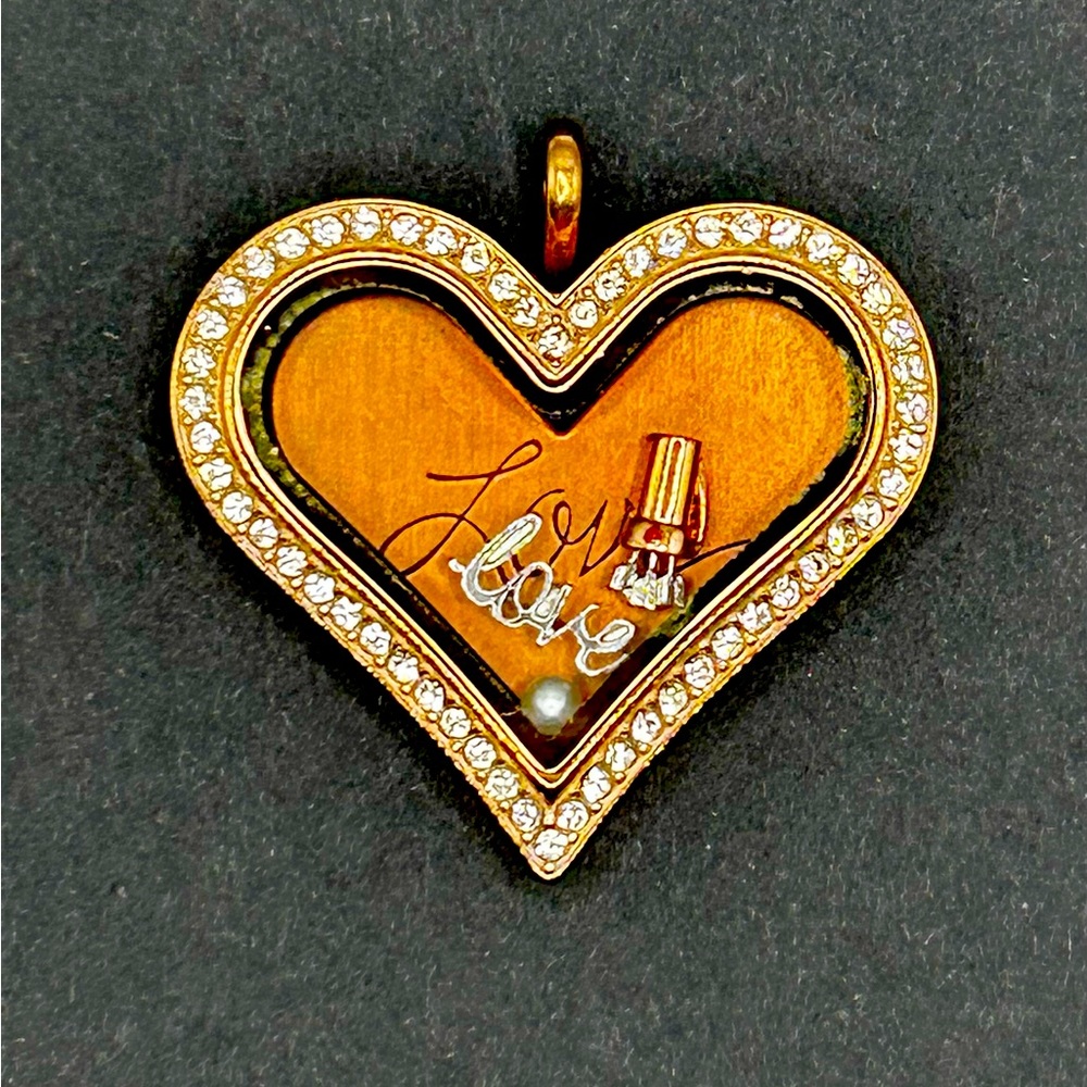 Origami Owl large rose gold with crystals heart locket, charms and plate.